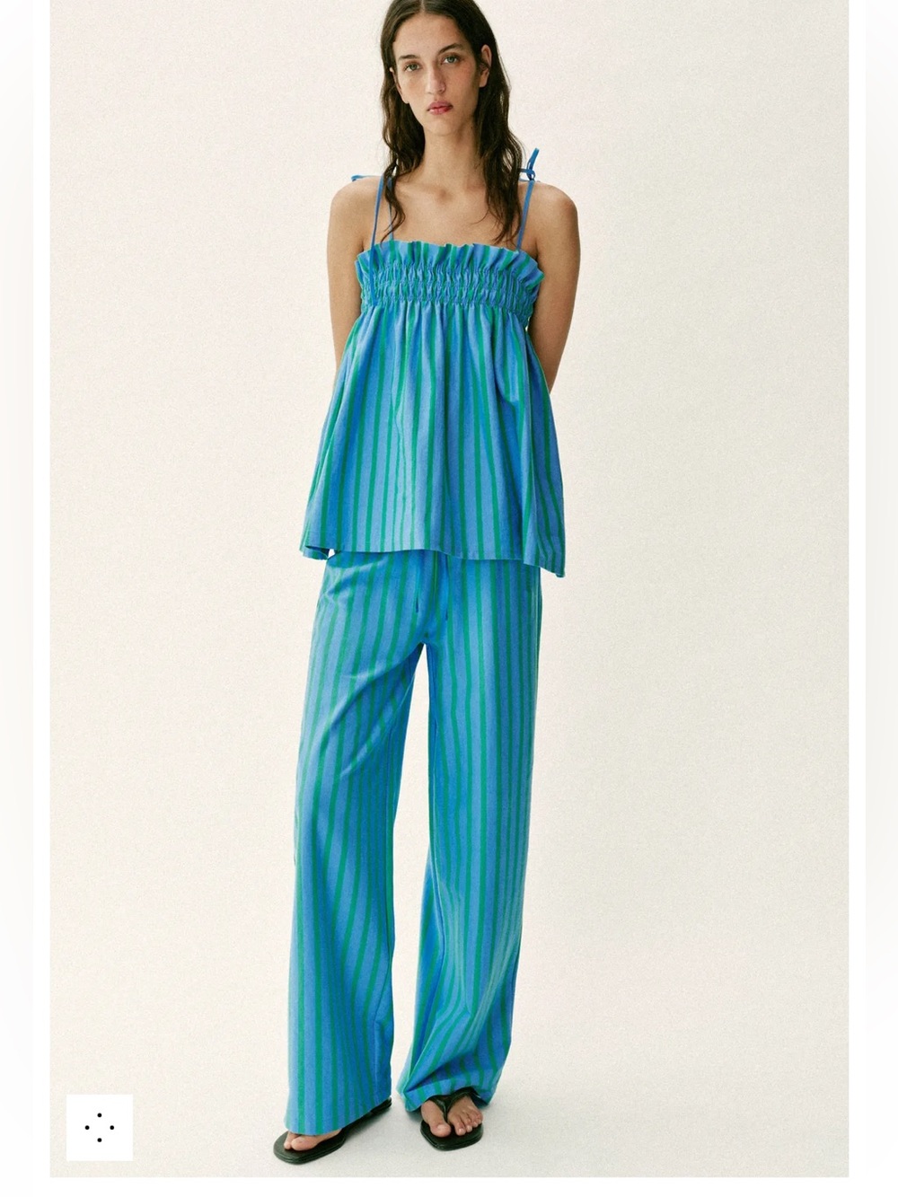 NWT Zara Striped Blue-Green Smocked Cami & Wide-Leg Pant Set - Size Large